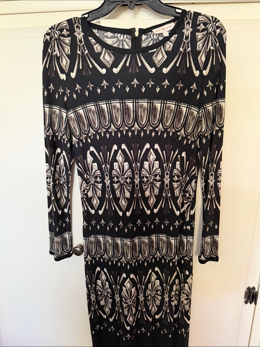 Tory Burch Black and White Long Sleeve Geometric Midi Dress
